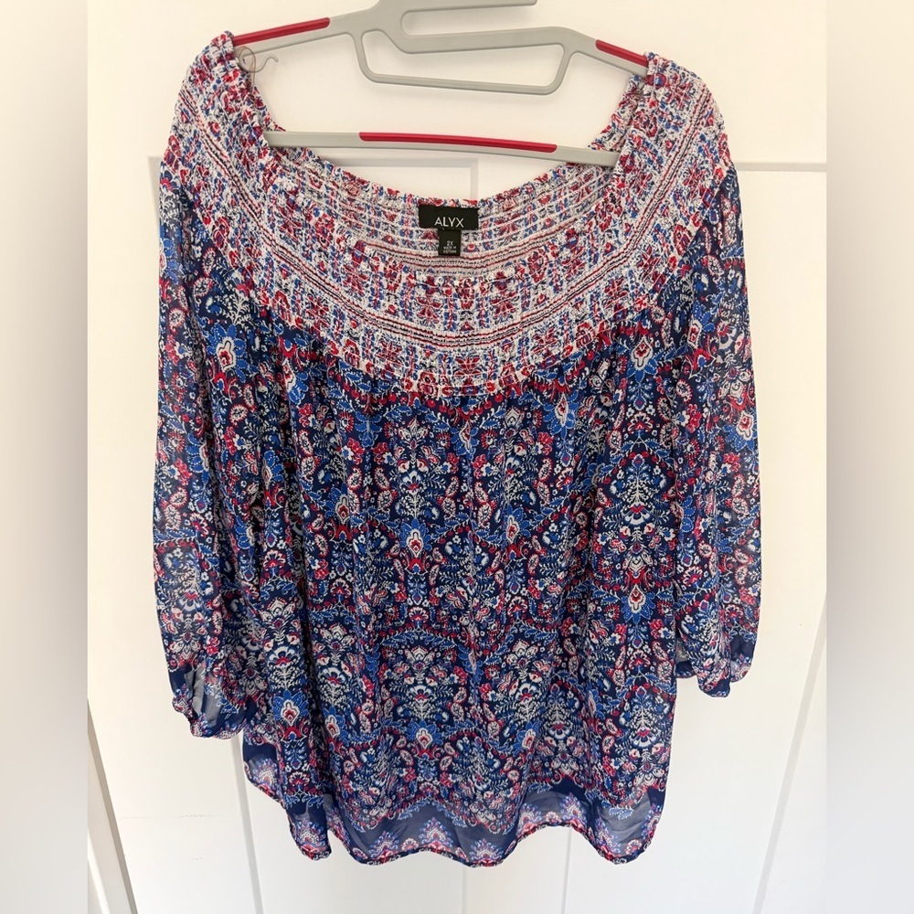 ALYX 2X Boho Peasant Blouse Red White Blue Paisley Plus Size Lightweight Top